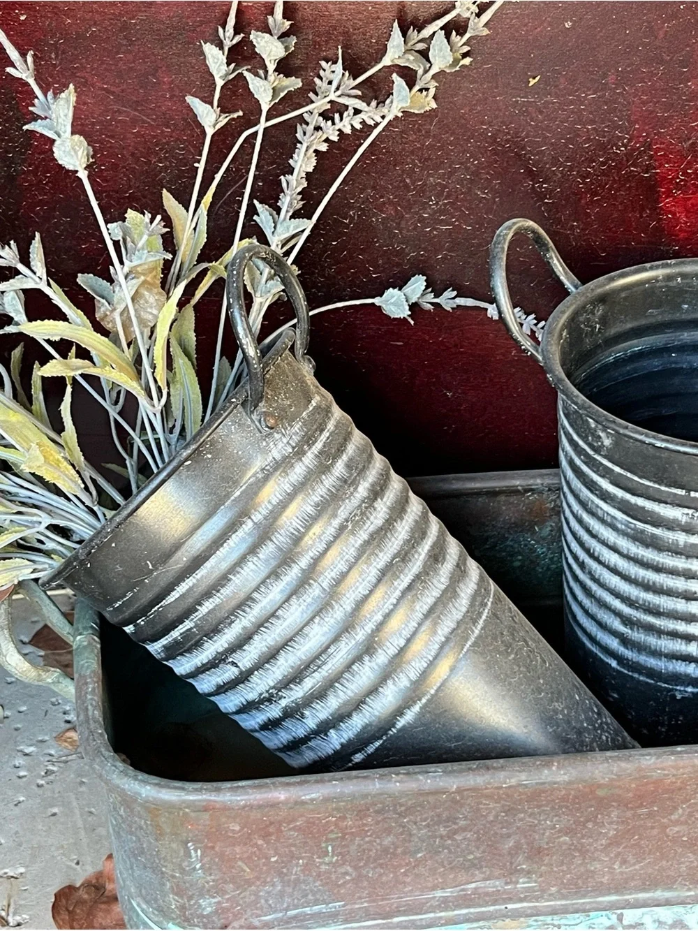 Set of 2 Black Ribbed Metal Planter Buckets